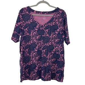 J. Jill Pink Navy Blue Floral Pima Cotton V-Neck Tee Top XL